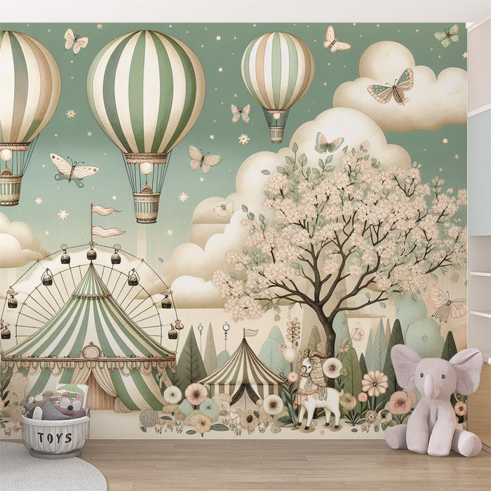 Papier peint chambre enfant | Cirque avec montgolfières, papillons et animaux imaginaires