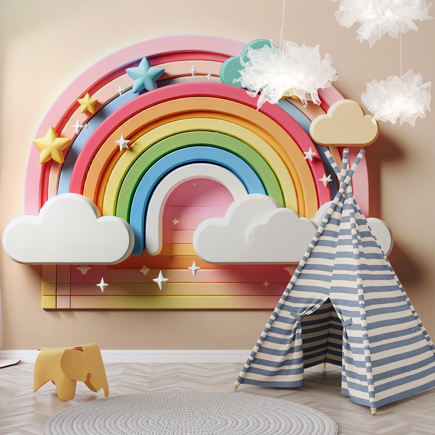 Papier peint arc-en-ciel | Nuage et arc en ciel en 3D sur fond beige ...