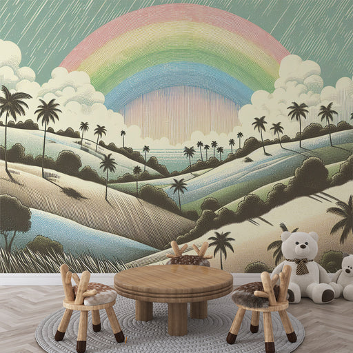Vallée tropicale avec arc en ciel coloré en fond chambre enfant