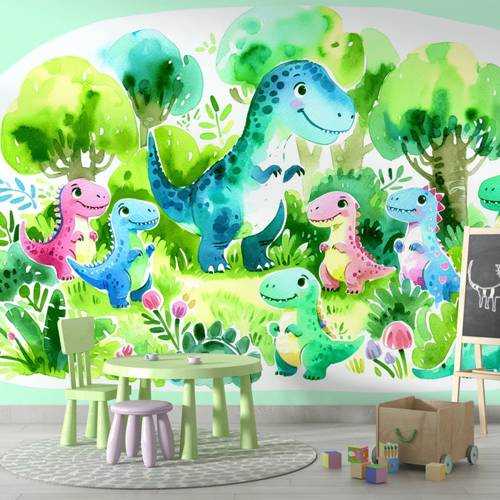 Papier peint dinosaure pour enfant | Aquarelle couleurs vives