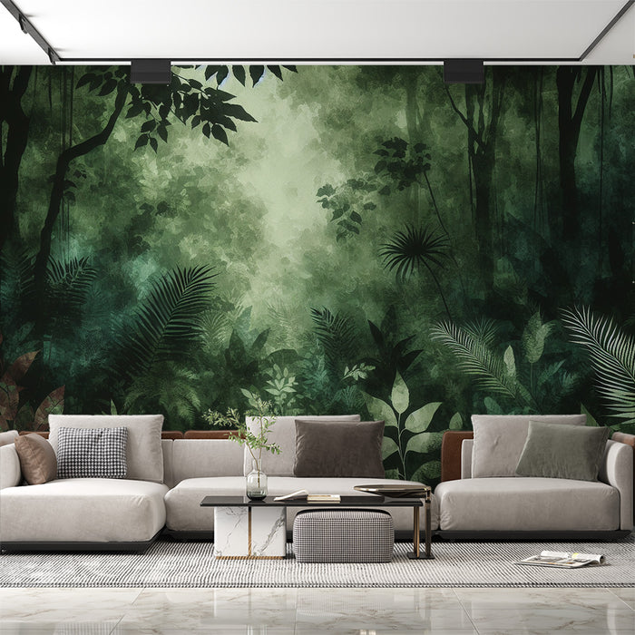 Papier peint forêt tropicale | Feuillages et arbres verdâtres en style aquarelle