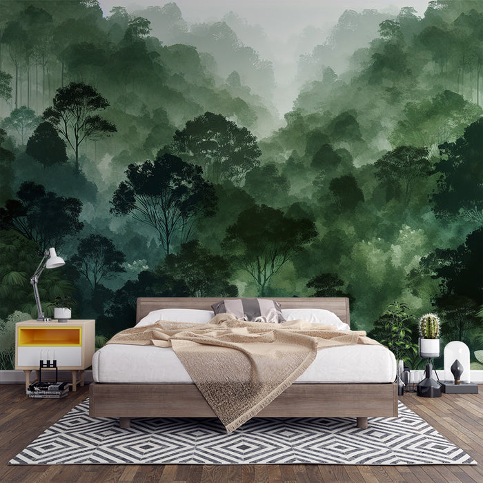 Papier peint forêt verte | Arbre et vallée verte style aquarelle