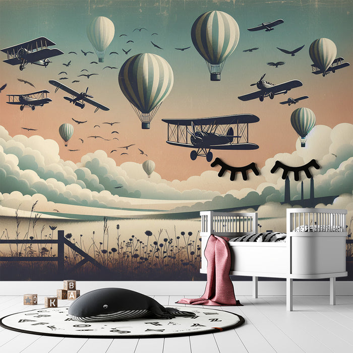 Papier peint montgolfière | Avions et montgolfière vue d'une prairie