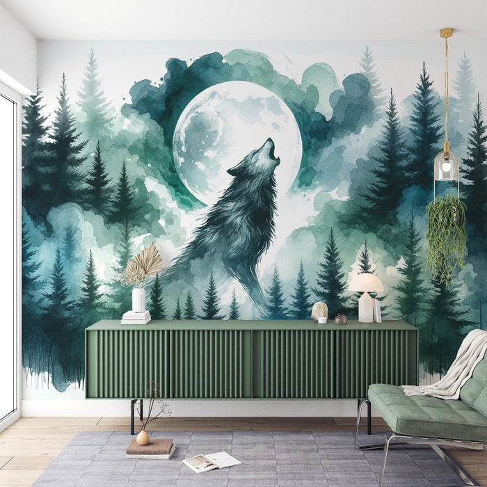 Papier peint aquarelle | Loup dans une forêt enchantée