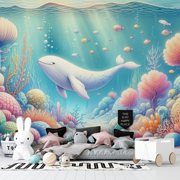 Papier peint baleine blanche | Massif de coraux et poissons