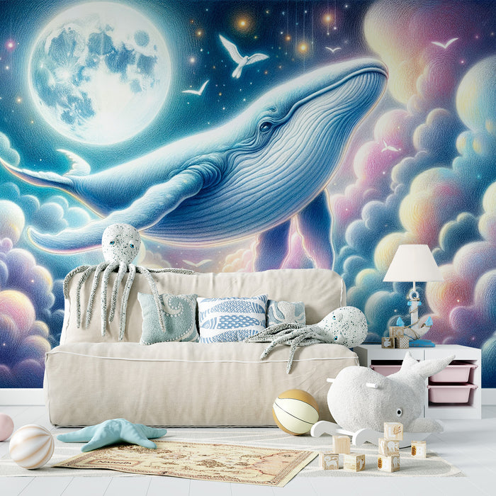 Papier peint baleine bleue | Pleine lune et nuages colorés