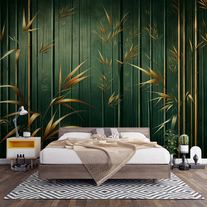 Papier peint bambou | Tiges vertes et feuilles dorées