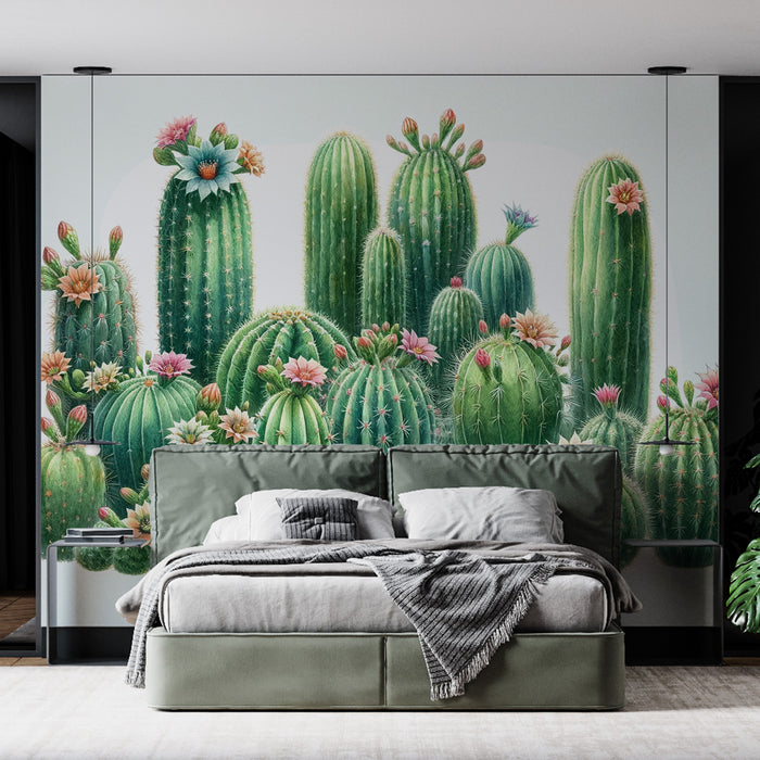 Papier peint cactus vert | Fleurs colorées sur fond clair