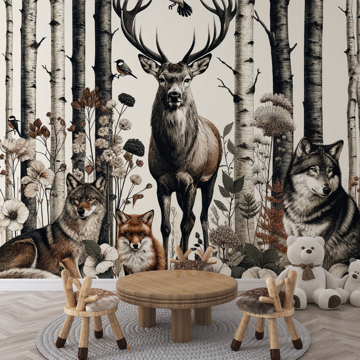 Papier peint cerf | Illustration vintage animaux de la forêt