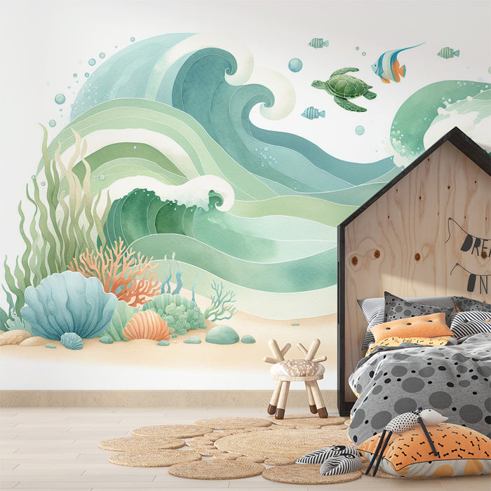 Papier peint chambre enfant | Fond marin, hippocampes, tortue et coraux