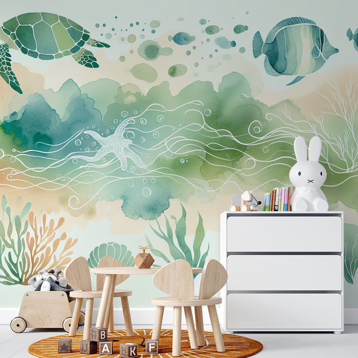Papier peint chambre enfant | Fond marin avec tortue, poissons et hippocampes