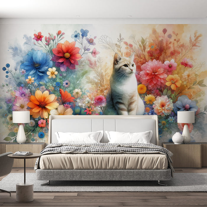 Papier peint chat | Aquarelle de fleurs multicolores