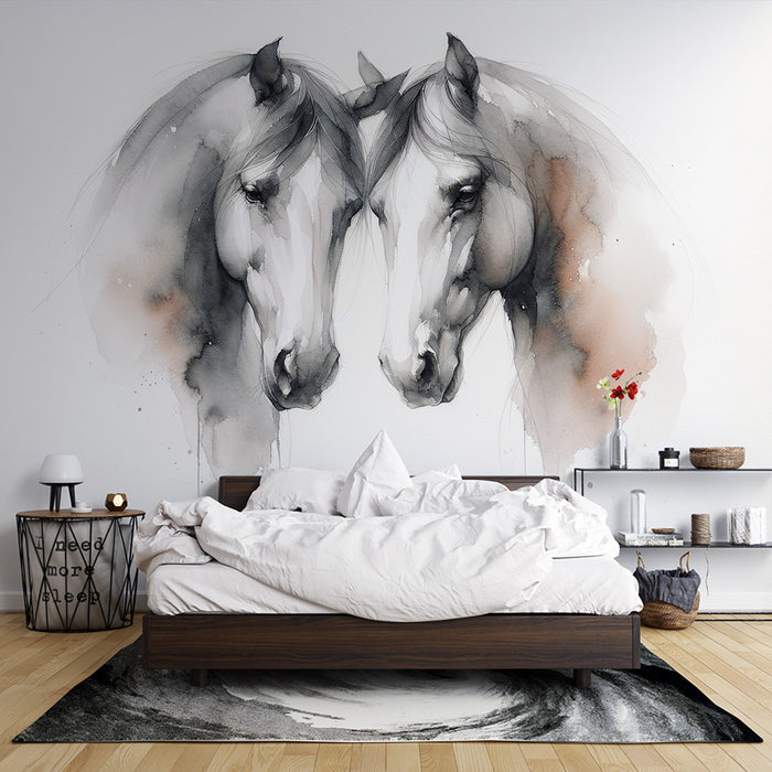 Papier peint cheval | Aquarelle d'un couple de cheval tête à tête