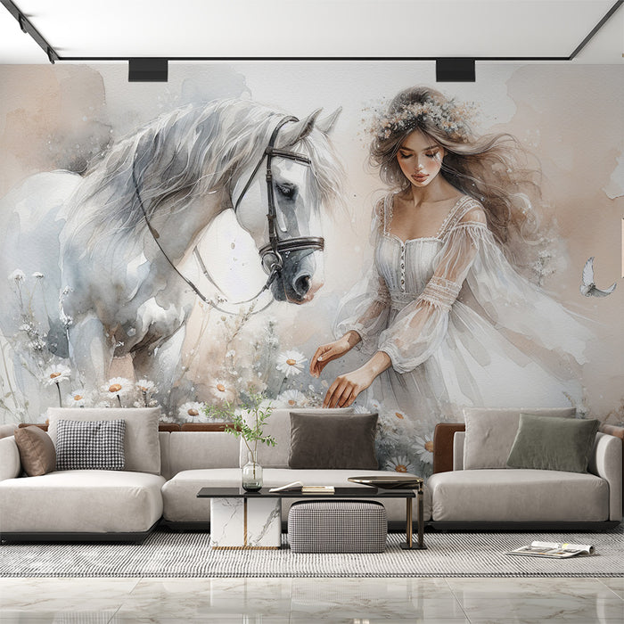 Papier peint cheval | Aquarelle d'une femme et d'un cheval dans la nature