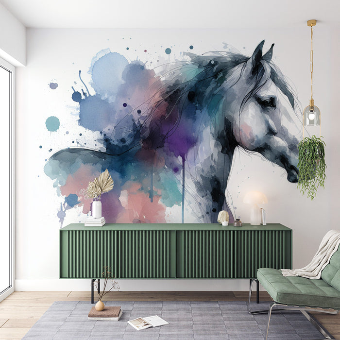 Papier peint cheval | Buste de cheval blanc en aquarelle colorée