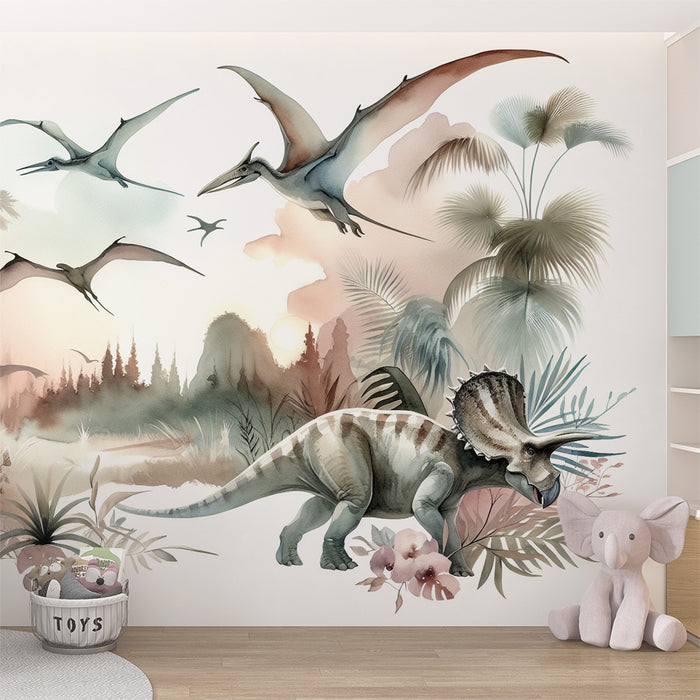 Papier peint dinosaure | Aquarelle palmiers et feuillages