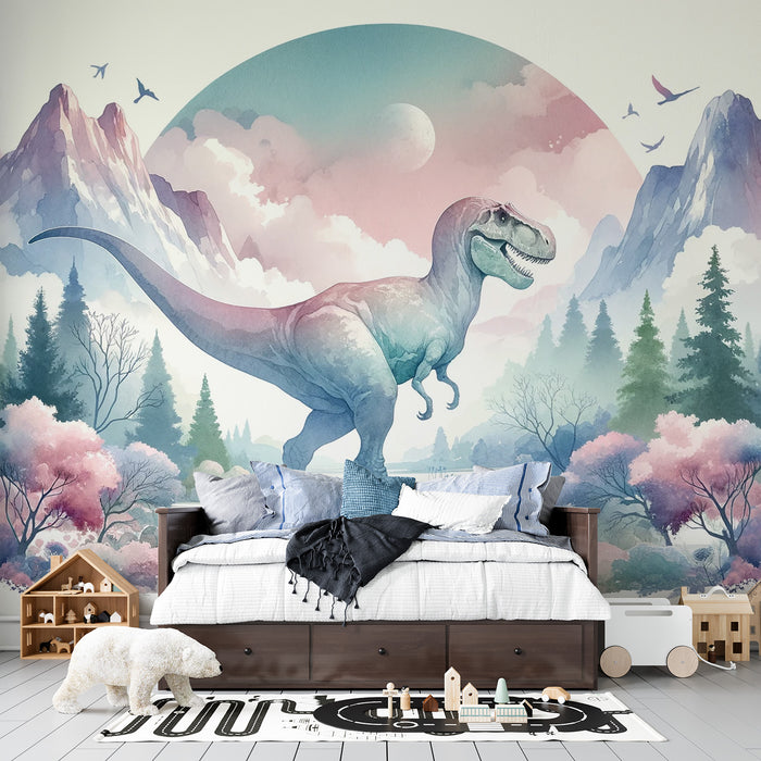 Papier peint dinosaure | Aquarelle rose d'un T-rex dans les montagnes
