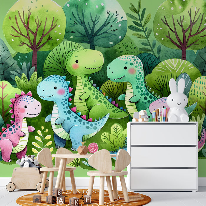 Papier peint dinosaure | Forêt verdoyante de dinosaures colorés
