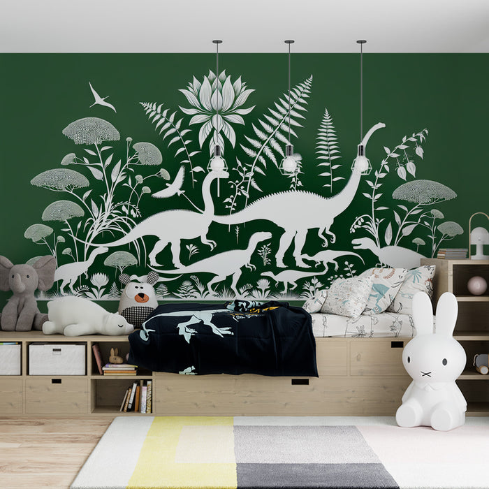 Papier peint dinosaure | Silhouettes blanches sur fond verts