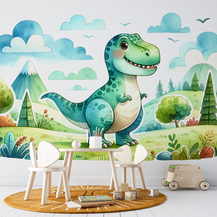 Papier peint dinosaure bébé | Aquarelle d'un T-rex vert dans une prairie