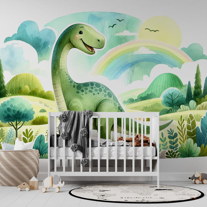 Papier peint dinosaure bébé | Aquarelle d'un diplodocus vert dans une prairie