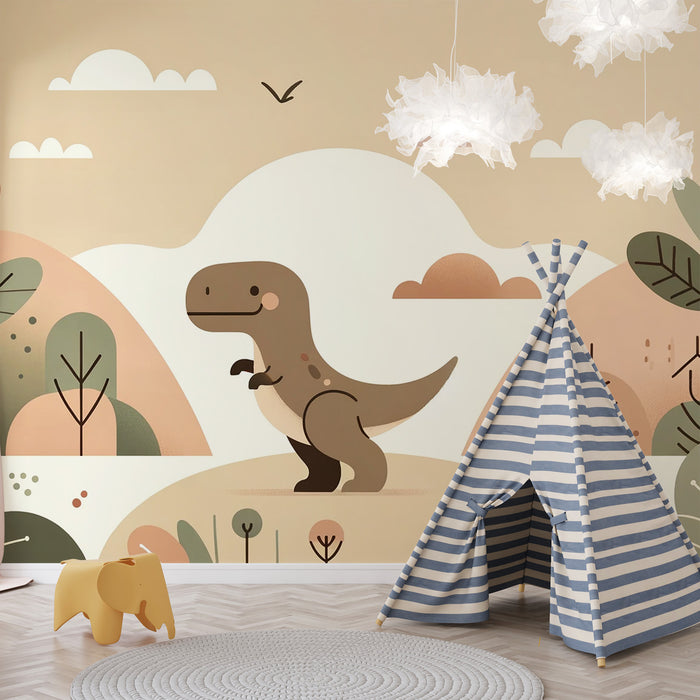 Papier peint dinosaure bébé | Petit dino dans sa jungle terracotta