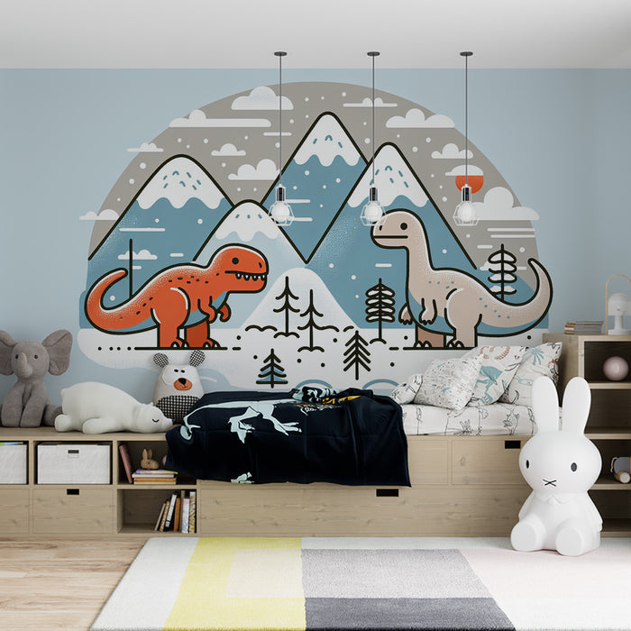 Papier peint dinosaure enfant | Montagne enneigé avec duo de dinosaures