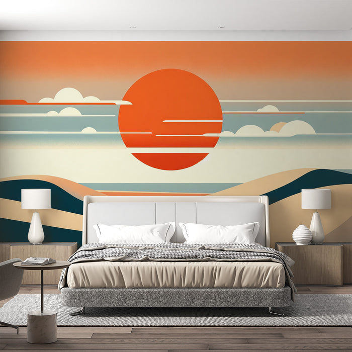 Papier peint dune | Coucher de soleil rouge avec nuage
