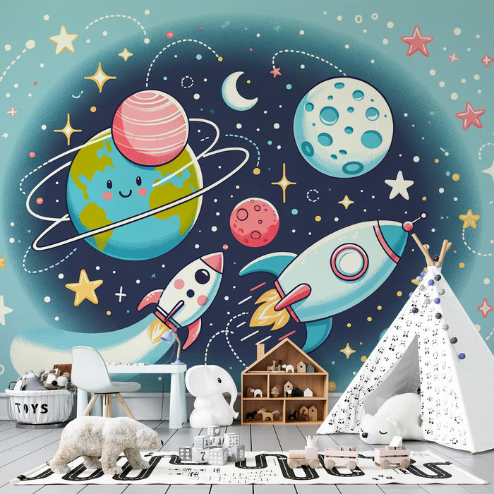Papier peint espace | Fusées, planètes et étoiles mignonnes