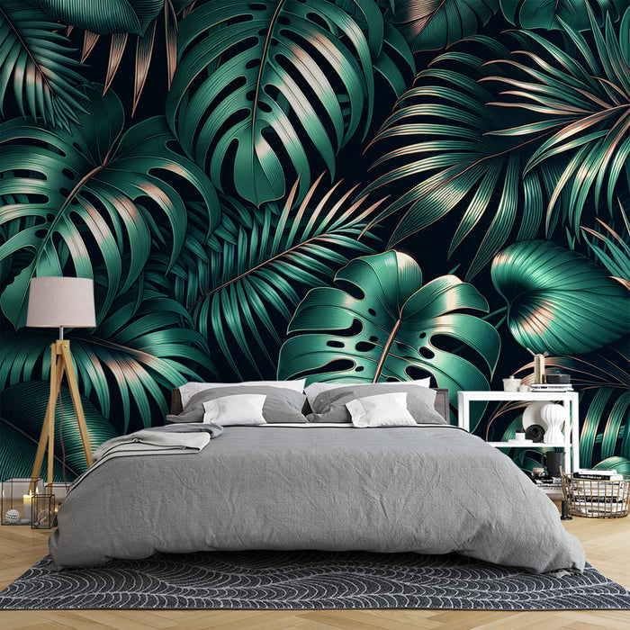 Papier peint feuillage | Monstera et feuilles de palmiers vertes avec touche cuivrée