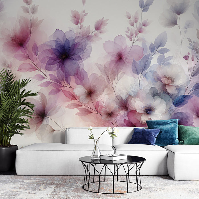 Papier peint fleuri pastel | Aquarelle aux tons violets avec pétales de fleurs