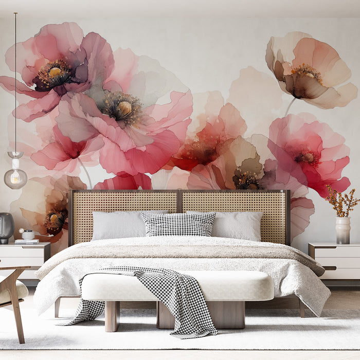 Papier peint fleuri pastel | Aquarelle de coquelicot roses, blanches et marrons
