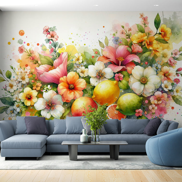 Papier peint fleuri pastel | Composition de fleurs et de fruits colorées