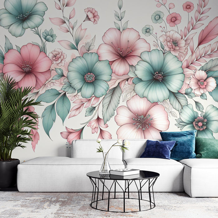 Papier peint fleuri pastel | Composition florale et feuillage avec pétales roses et bleutés