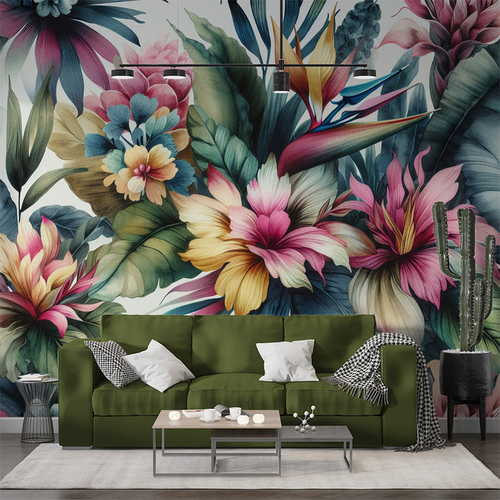 Papier peint fleuri pastel | Composition florale tropicale multicolore