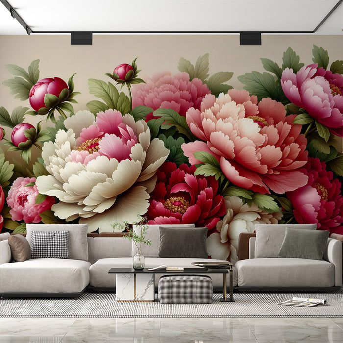 Papier peint fleuri pastel | Composition massive de fleurs roses et blanches