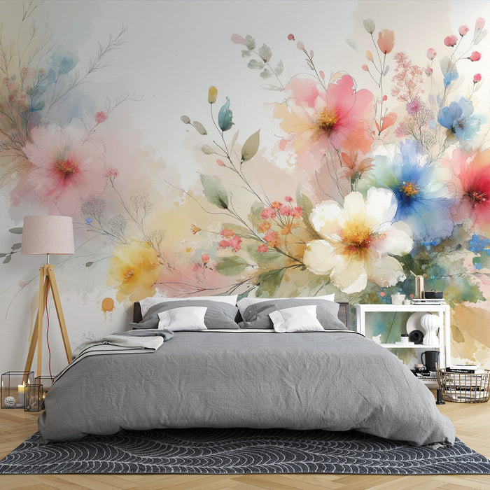 Papier peint fleuri pastel | Couronne florale en aquarelle multicolore