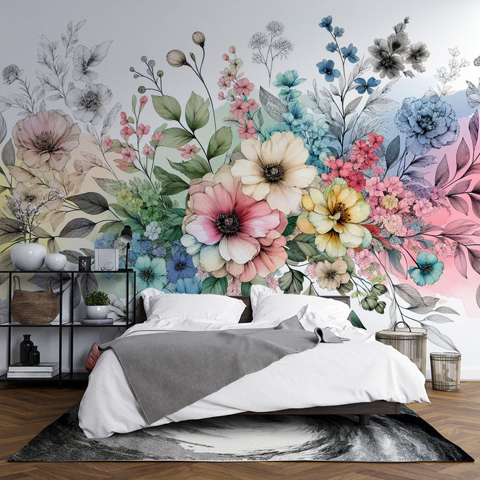 Papier peint fleuri pastel | Fleurs et fond multicolore vintage
