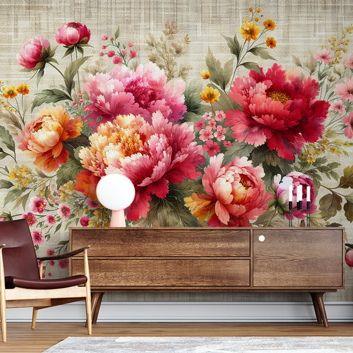 Papier peint fleuri pastel | Fleurs roses, rouges et oranges sur toile tissée vintage