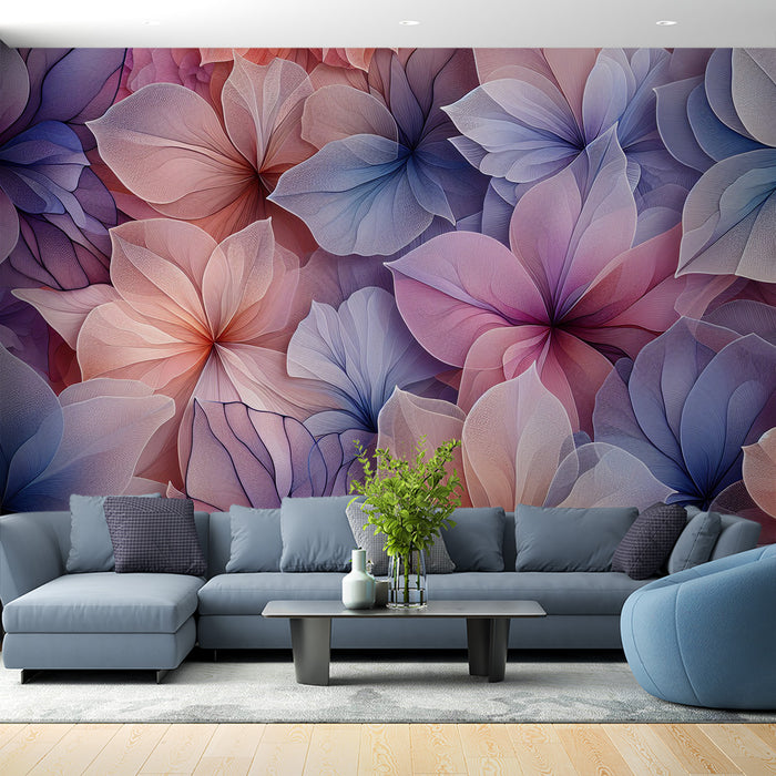 Papier peint fleuri pastel | Fond de pétales violettes, roses et beiges