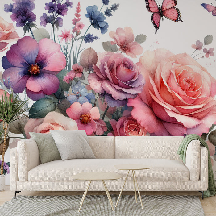 Papier peint fleuri pastel | Papillons et grosses fleurs sur fond blanc