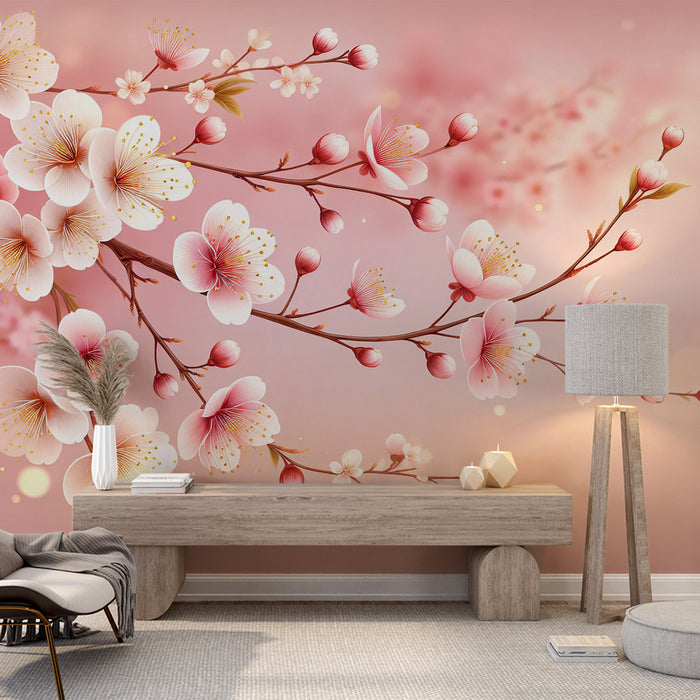 Papier peint fleuri rose | Fleurs de cerisiers blanches et roses avec pistils dorés