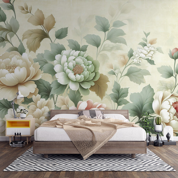 Papier peint fleuri vintage | Chrysanthèmes vertes, roses et blanches