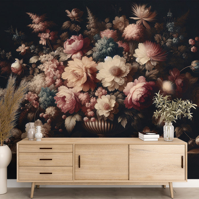 Papier peint fleuri vintage | Composition florale avec vase