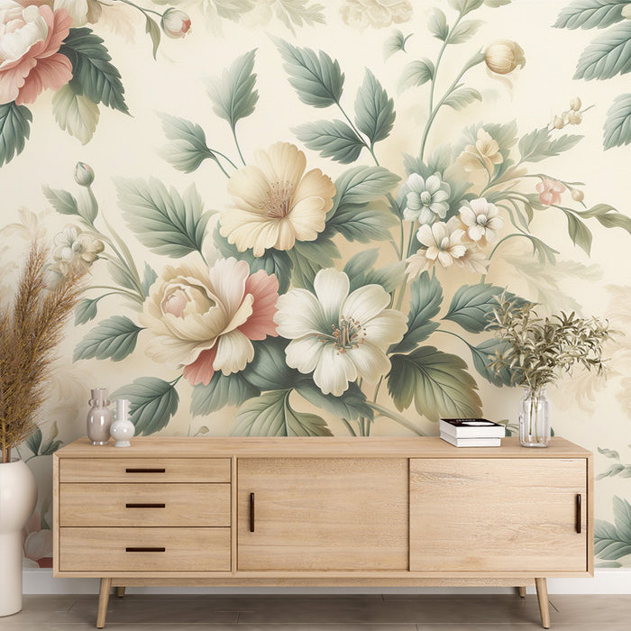 Papier peint fleuri vintage | Magnolias blancs et roses avec feuilles vertes
