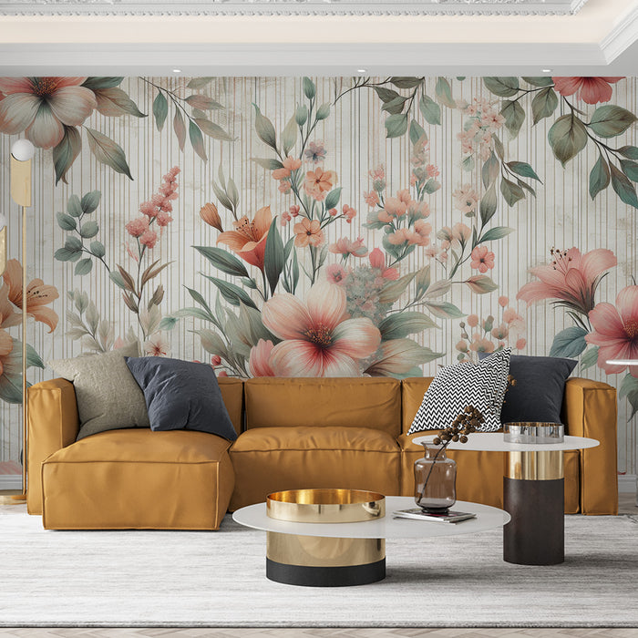 Papier peint fleuri vintage | Magnolias roses et oranges sur fond rayé