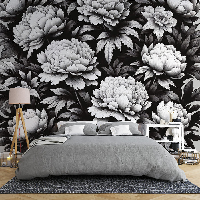 Papier peint fleuri vintage | Noir et blanc avec grosses fleurs