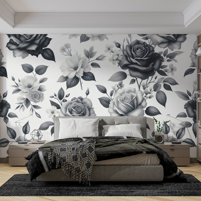 Papier peint fleuri vintage | Roses et feuilles en noir et blanc
