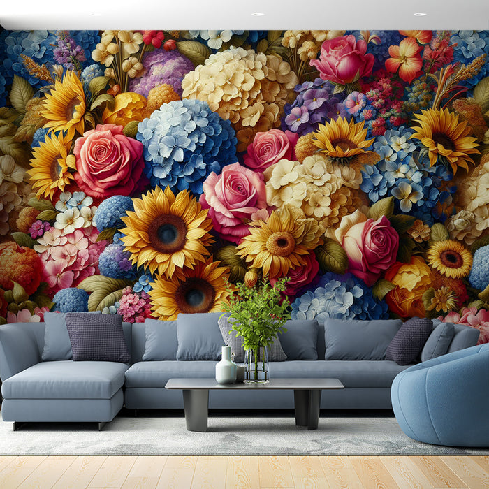Papier peint fleuri vintage | Tournesols, roses, et fleurs colorés