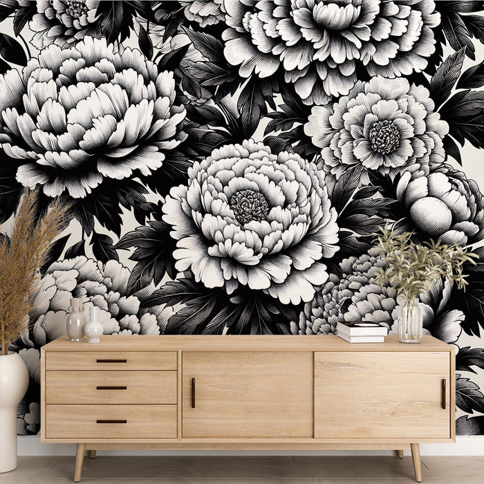 Papier peint fleuri vintage noir et blanc | Chrysanthèmes blanches